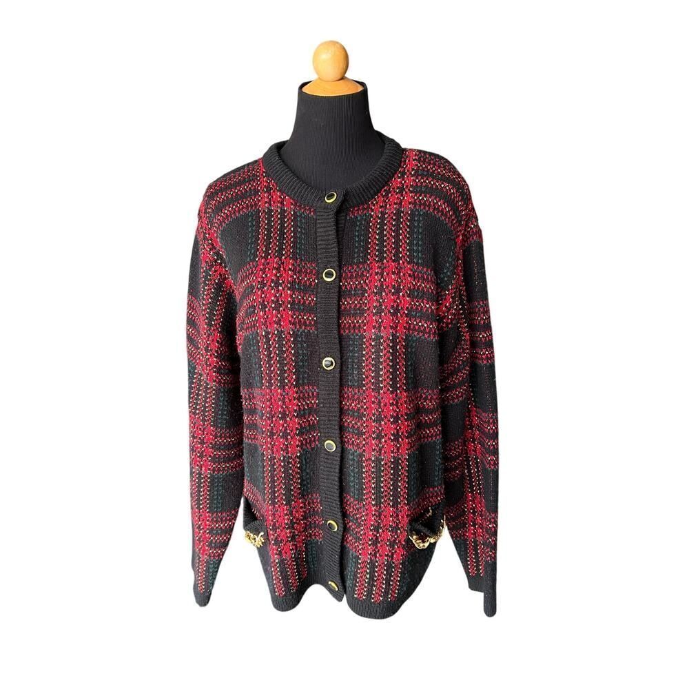 VINTAGE Laura Scott Plaid And Gold Homiday Festive Sweater Faux Pockets Size L